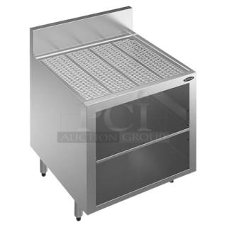 Krowne Royal 2100 Series stainless steel underbar glass storage unit, model KR21-GSB3, with drainboard top, middle shelf, backsplash, new condition.