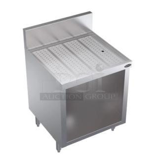 Krowne Royal Series stainless steel underbar glass storage unit, model KR24S24, with drainboard and backsplash, on legs.