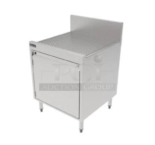 Brand new Perlick SC24 stainless steel 24" underbar storage cabinet with drainboard top, ideal for commercial use.