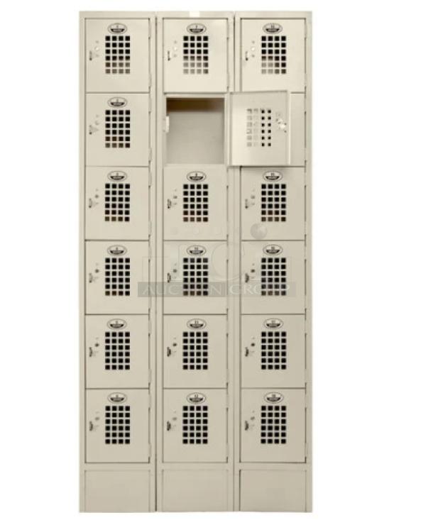 Winholt WL618 beige 6-tier triple column box lockers, 18 compartments, floor-mounted, scratch-n-dent condition.
