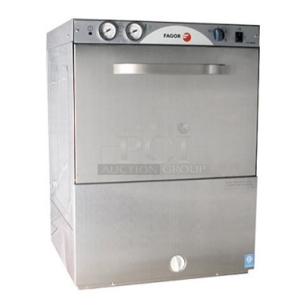 Fagor FI72W4W stainless steel industrial dishwasher, scratch-n-dent, Energy Star certified, with full-size cup rack, on legs.