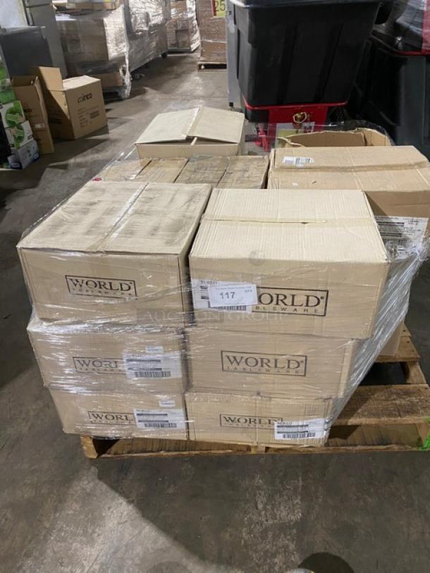 Pallet with boxes of World Tableware items including bowls, plates, cups, and platters, brand new in sealed packaging.