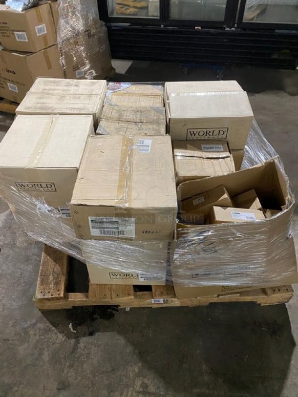 Mixed pallet of brand new World Tableware Libbey stoneware and Winco glass shakers in original packaging.