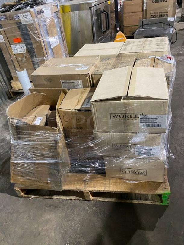 Mixed pallet of new World Tableware Libbey stoneware bowls, plates, cups, and Winco glass shakers. Some boxes labeled "World" and "Winco."