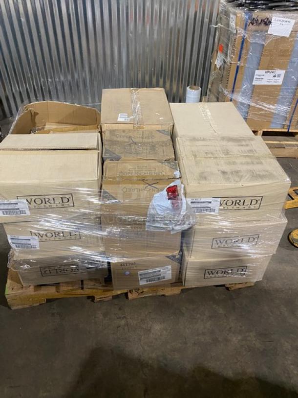 Mixed pallet with World Tableware Libbey stoneware bowls, plates, cups, platters, and Winco glass shakers, brand new in boxes.