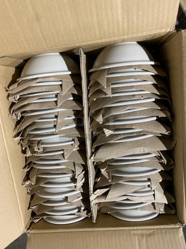 Box of new World Tableware Libbey Princess White Stoneware bowls, model PWC-10. Stacked and wrapped for shipping.