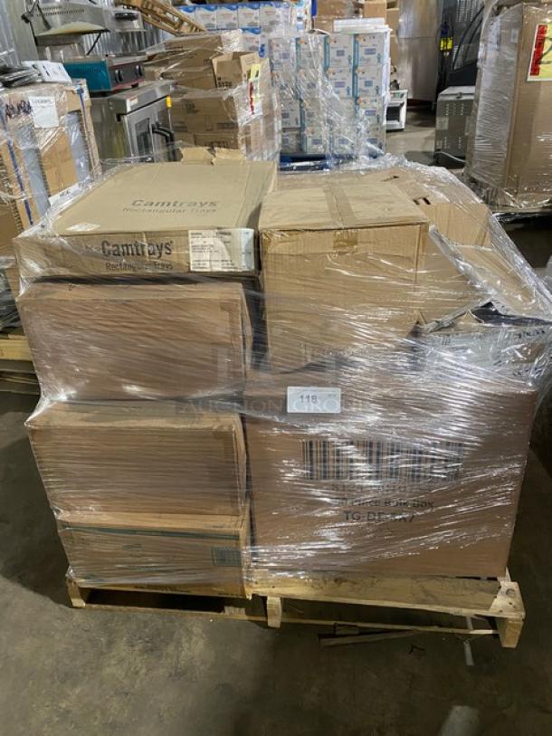 Mixed pallet with Novacart mini loaf molds, SQP food trays, Steelite plates, Cambro deli crock and trays, shrink-wrapped, brand new.