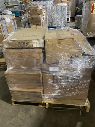 Mixed pallet with Novacart mini loaf molds, SQP food trays, Steelite plates, Cambro deli crock and trays, shrink-wrapped, brand new.
