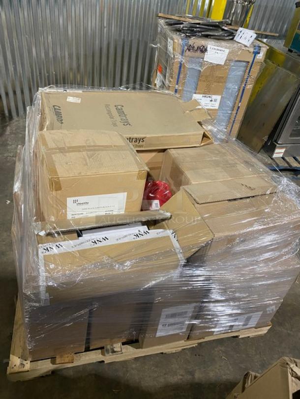 Mixed pallet of commercial items; includes Novacart mini loaf molds, SQP food trays, Steelite plates, Cambro deli crock and trays.