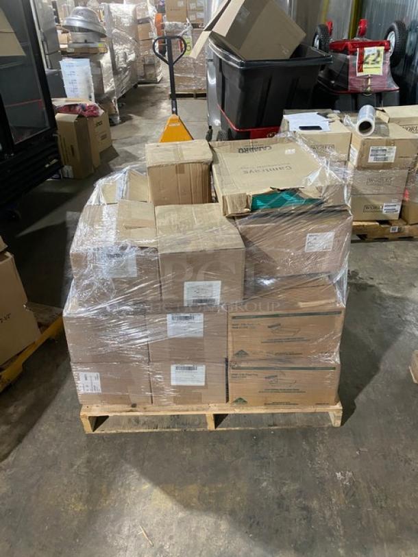 Mixed pallet containing Novacart mini loaf molds, SQP food trays, Steelite side plates, Cambro deli crocks, and trays, wrapped for auction.