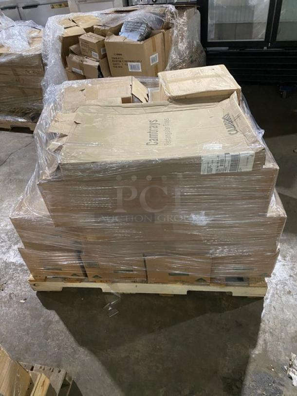 Mixed pallet with boxed commercial kitchenware items, brand new, wrapped in plastic. Includes Novacart mini loaf molds, SQP food trays, Steelite plates, Cambro deli crock and tray.