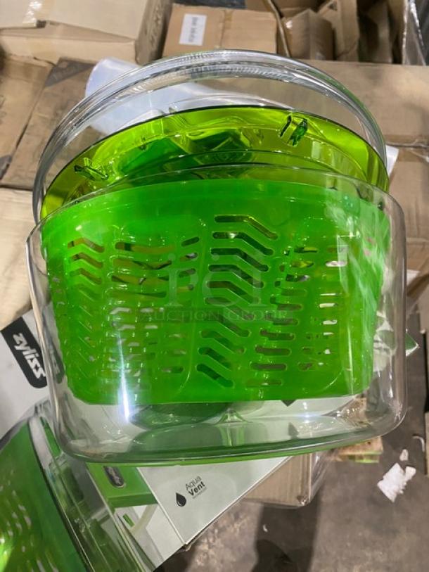 Brand new Zyliss SwiftDry green-style single-handed salad dryer, clear and green plastic, commercial quality.