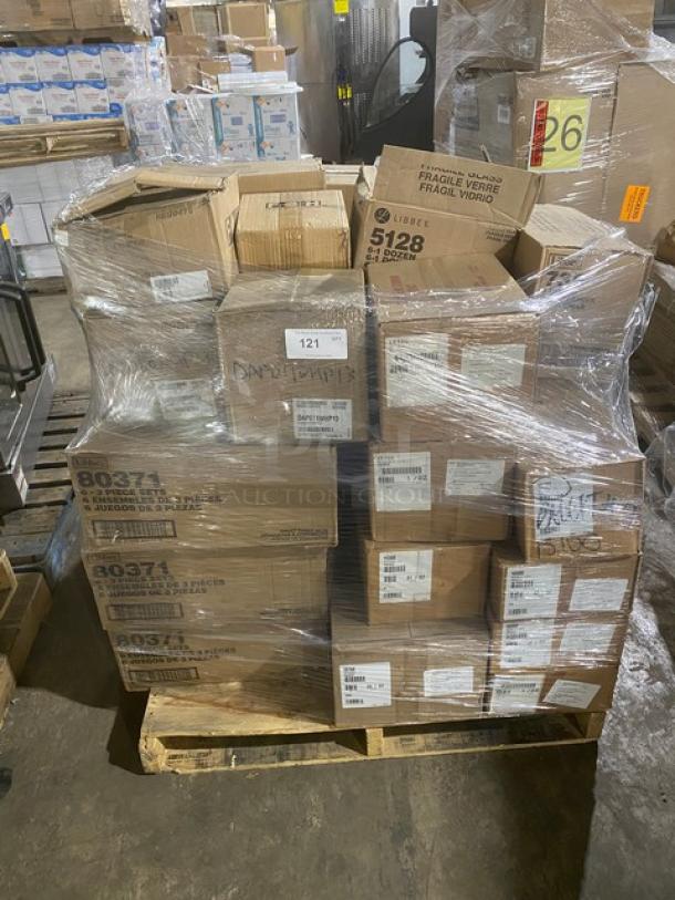 Mixed pallet with boxed dishware and glassware from Steelite, Front Of The House, and Libbey, various models and conditions.