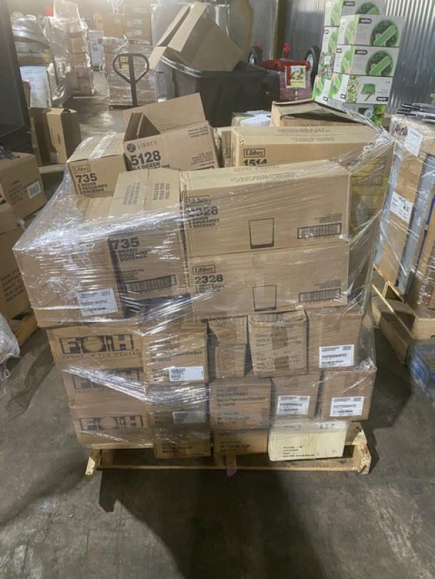 Mixed pallet of commercial kitchenware in original boxes, including Steelite porcelain dishes, Libbey glassware, shrink-wrapped.