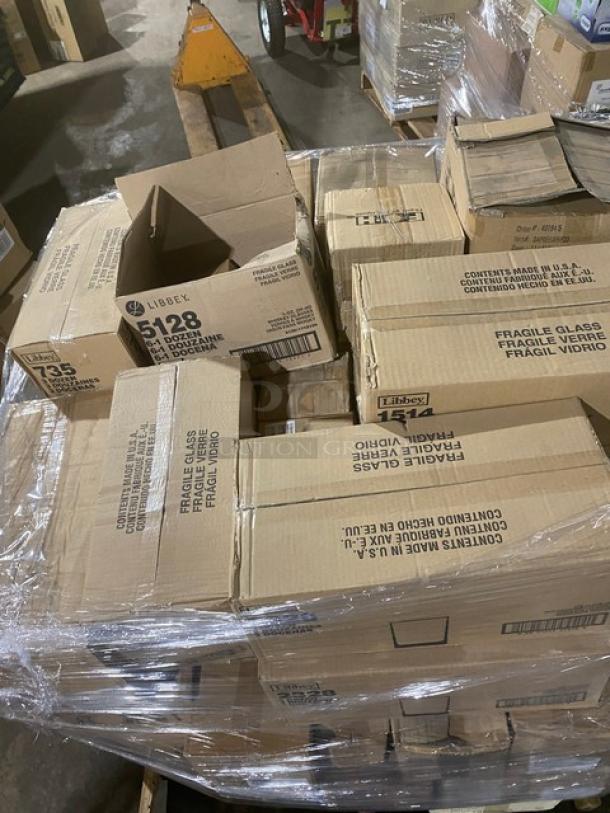 Mixed pallet of new commercial dishware and glassware, featuring Steelite, Homer Laughlin, Front Of The House, and Libbey products.