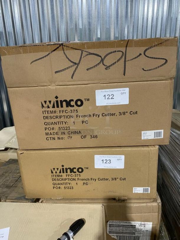 Brand new Winco FFC-375 cast iron 3/8" cut manual French-fry cutter on legs in box. Model: FFC-375. Made in China.