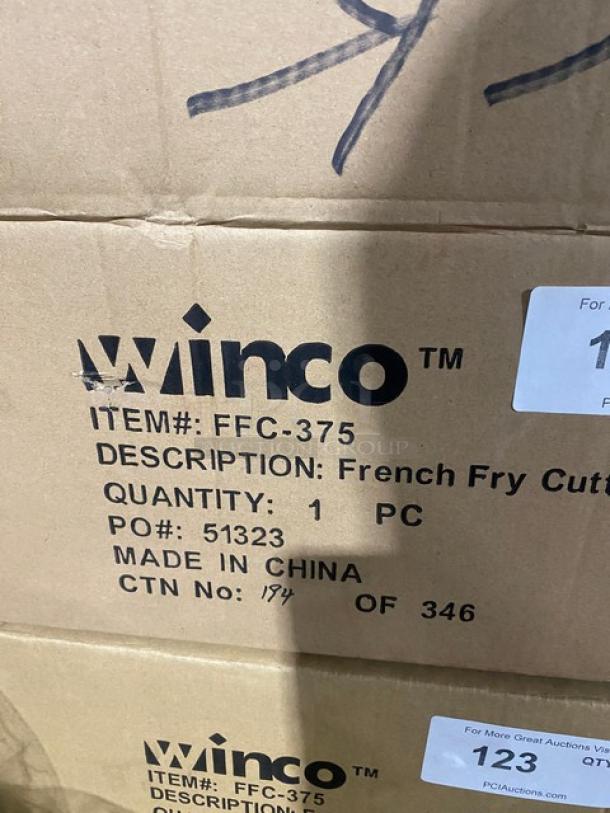 Winco FFC-375 French Fry Cutter, brand new in box. Cast iron, 3/8" cut, commercial quality, on legs. Model FFC375.