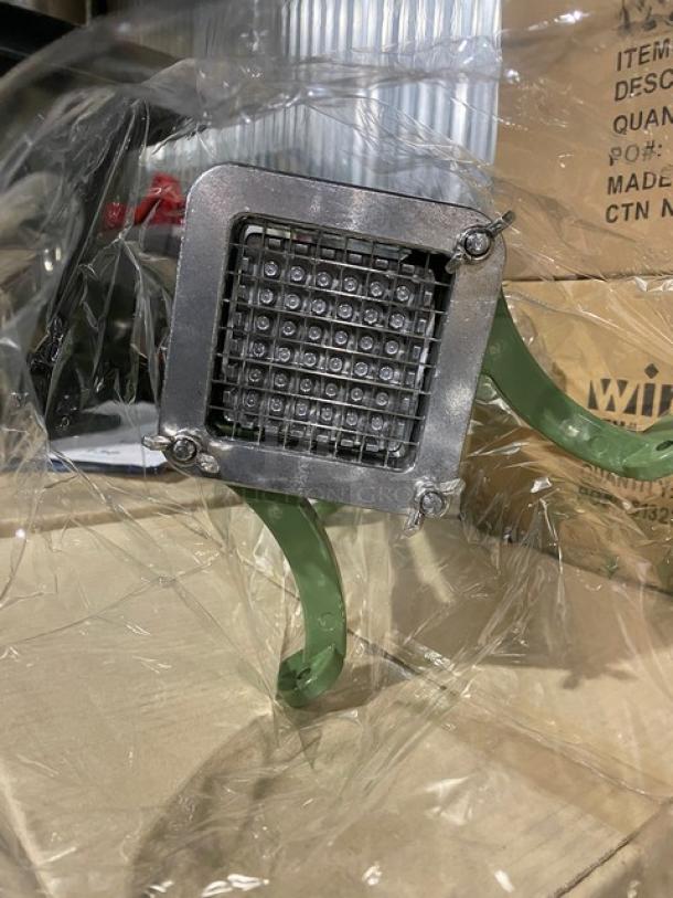 Winco FFC375 cast iron French-fry cutter, 3/8" cut, brand new, on legs, durable for commercial use, wrapped in plastic.