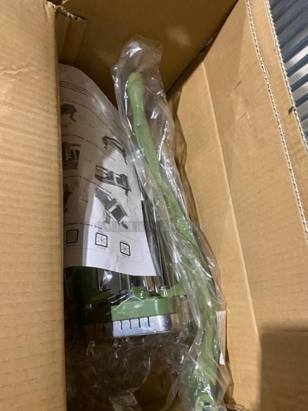 Brand new Winco FFC375 commercial cast iron manual French-fry cutter in box, with 3/8" blade, on legs.