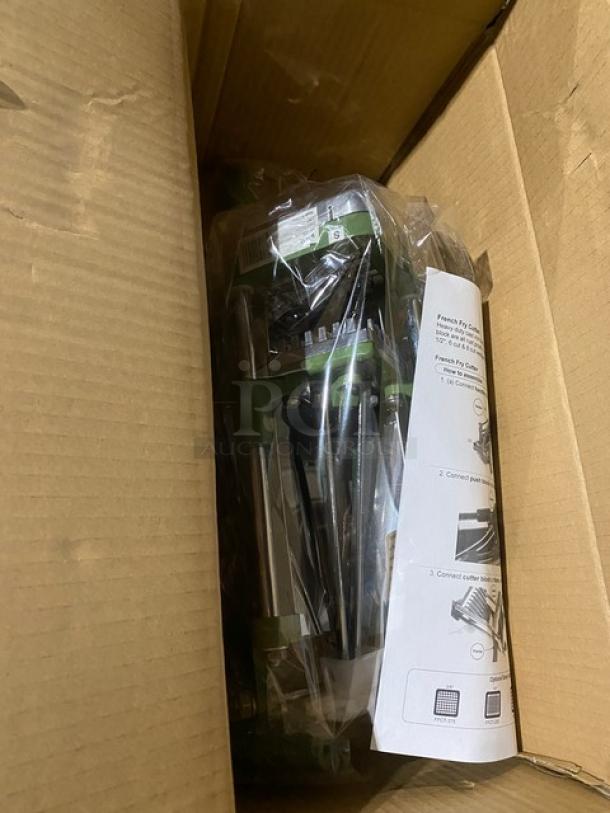 Winco FFC375 cast iron manual french-fry cutter in original packaging, brand new with assembly instructions visible.