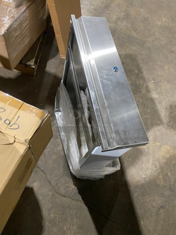 Brand new NBR TDR2020L stainless steel, self-closing drawer assembly with lock, pristine condition, packaging intact.