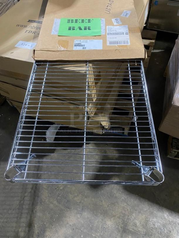 Brand new Metro A1848NC Super Erecta chrome shelf, 48"x18". Adjustable, commercial-grade. Tags indicate model and dimensions.