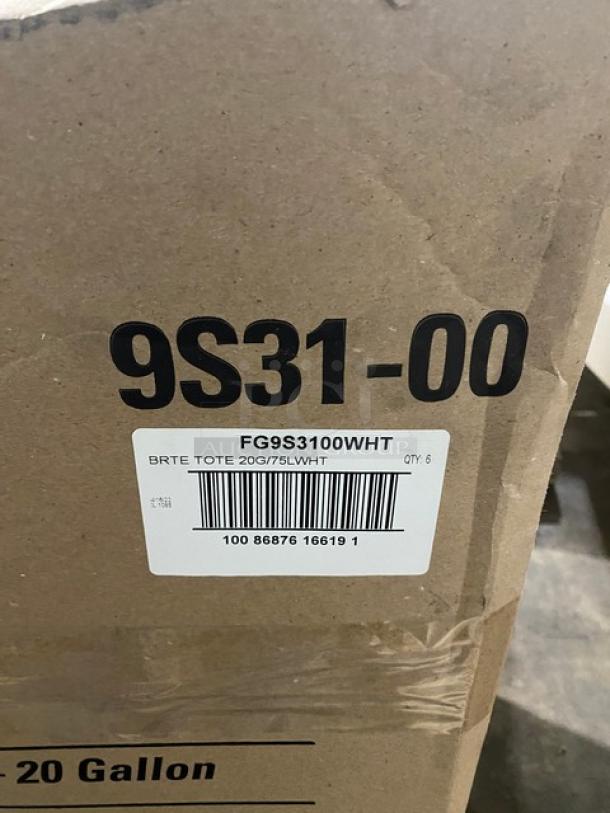Brand new Rubbermaid BRUTE 20 Gal. Grip-N-Go Container, white, model FG9S3100WHT. Includes lid. Packaging shows label with model details.