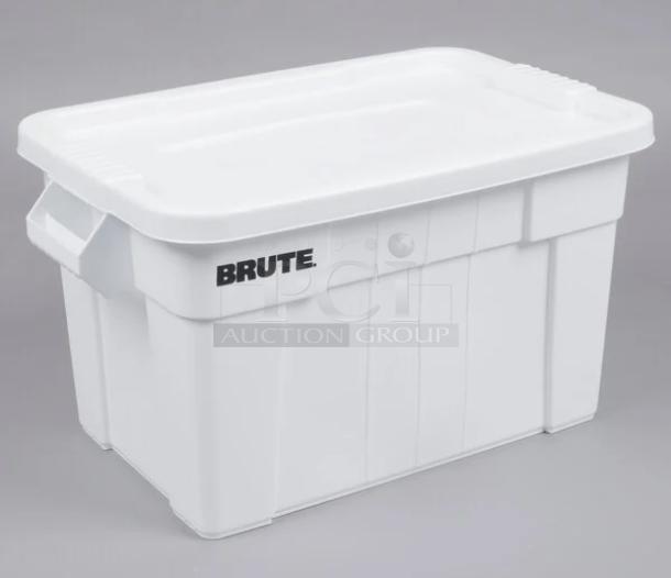 Rubbermaid BRUTE Series white 20 gal. Grip-N-Go container with lid, model FG9S3100WHT, new condition, NSF certified.