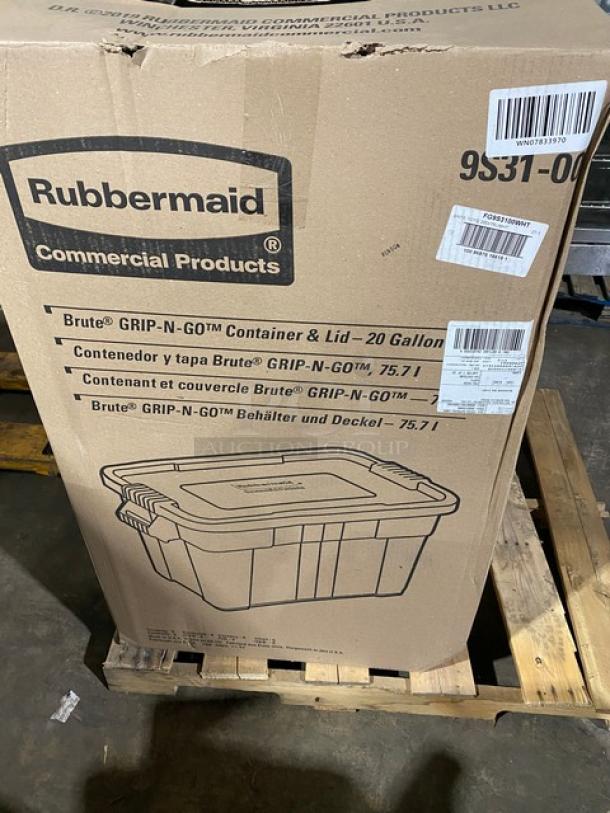 Rubbermaid BRUTE Series 20 Gal. Grip-N-Go Container, Model FG9S3100WHT, with lid, new in box, commercial use.