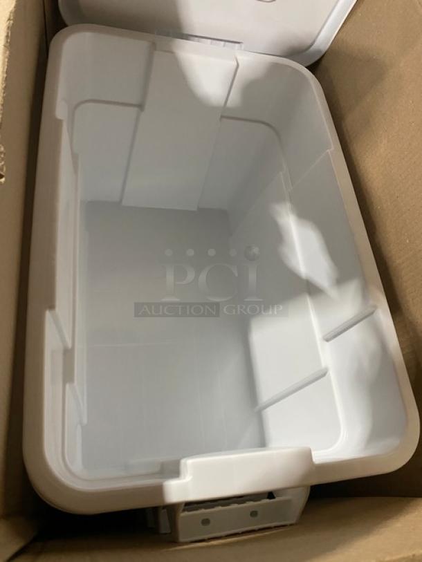 Brand new Rubbermaid BRUTE Series 20 Gal. Grip-N-Go container, white, Model FG9S3100WHT, includes lid, NSF certified.