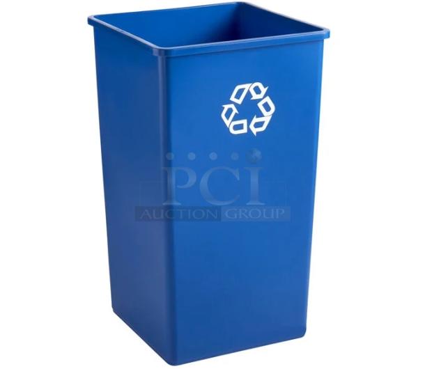 Brand new Rubbermaid Commercial blue 50-gallon Untouchable recycling bin. Features a recycling symbol.