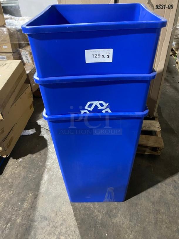 Rubbermaid Commercial Blue Square 50 Gal. Untouchable Recycling Bin, new. Features recycle symbol, label "129 x 3".