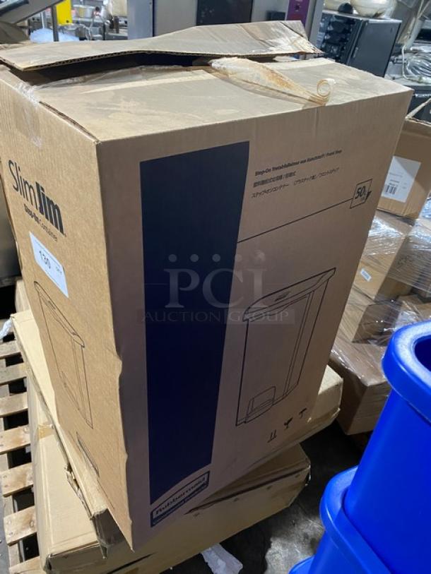 Brand new Rubbermaid Slim Jim gray resin front step-on 13-gallon trash can in original packaging.