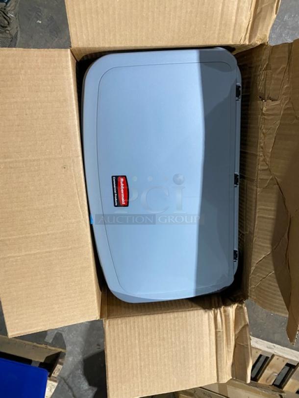 Brand new Rubbermaid Slim Jim 13 Gal. rectangular trash can, gray resin, with front step-on pedal, in open box.