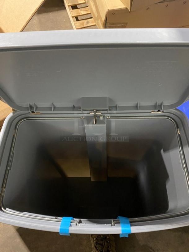 Rubbermaid Slim Jim Series 13 Gal. gray trash can, brand new, open lid, front step-on design, rectangular shape, commercial resin.