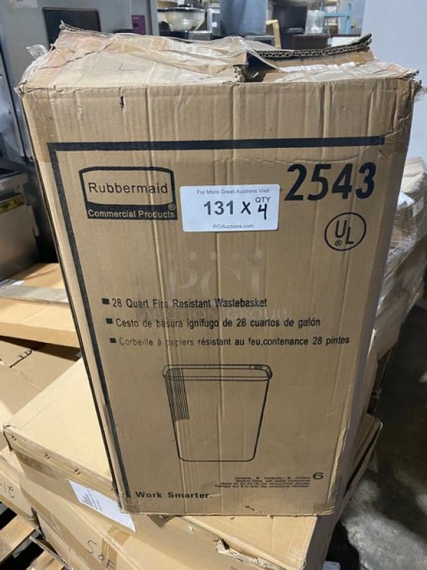 Rubbermaid Commercial 28 Qt. Fire-Resistant Wastebasket, Model 2543, gray, new in box, labeled "131 X 4," UL certified.