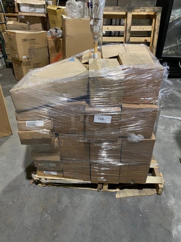 Brand new mixed pallet with Cambro, Libbey, Carlisle, Vollrath, and Cal-Mil commercial items, shrink-wrapped for auction.