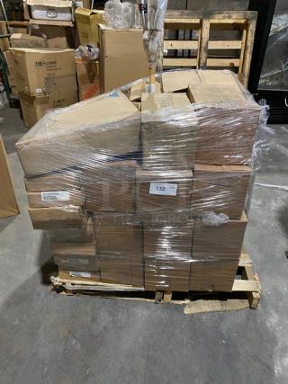 Brand new mixed pallet with Cambro, Libbey, Carlisle, Vollrath, and Cal-Mil commercial items, shrink-wrapped for auction.