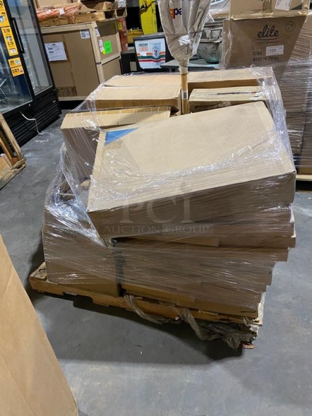 Mixed pallet of commercial catering items wrapped in plastic. Includes Cambro Camshelving stand, Libbey DuraTuff glasses, Carlisle broom, Vollrath glass rack, Cal-Mil organizer, and more. Brand new condition.