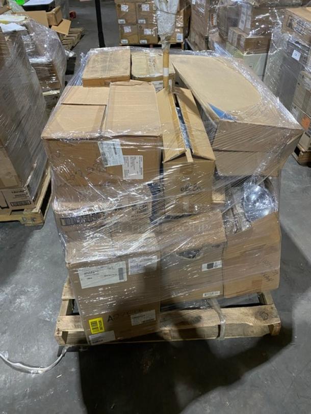 Mixed pallet of commercial kitchen items, including Cambro Camshelving, Libbey Rocks Glass, Carlisle Broom, Vollrath Glass Rack, Cal-Mil Organizer. Brand new, wrapped in plastic, on a wooden pallet.