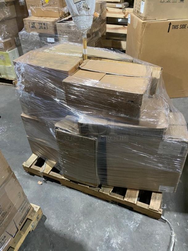 Pallet of assorted commercial items, shrink-wrapped. Includes Cambro, Libbey, Carlisle, Vollrath, and Cal-Mil products. New condition.