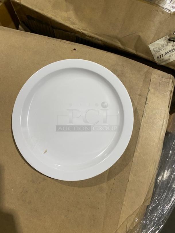 Mixed pallet with items including Cambro Camshelving Series Dunnage Stand, Libbey DuraTuff Rocks Glass, Carlisle Broom, Vollrath Traex Glass Rack, and Cal-Mil Silverware Caddie. Pallet pictured contains a white plate atop a cardboard box.