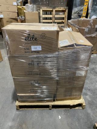 Mixed pallet of brand new commercial items, including Elite Global Solutions food pan, Libbey glasses, and Tork dispenser, shrink-wrapped.