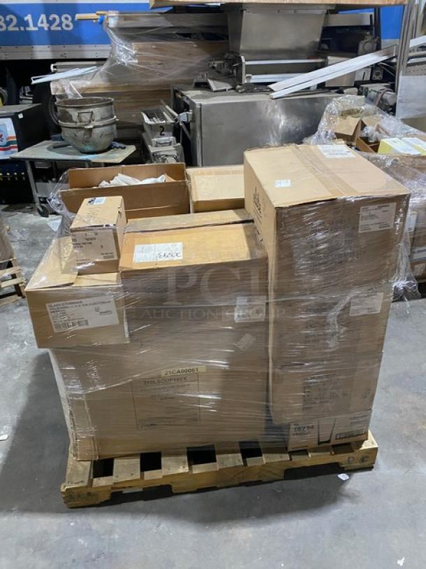 Brand new mixed pallet with various commercial kitchen items including melamine food pans, beverage glasses, and hygiene dispensers, packaged and ready for auction.