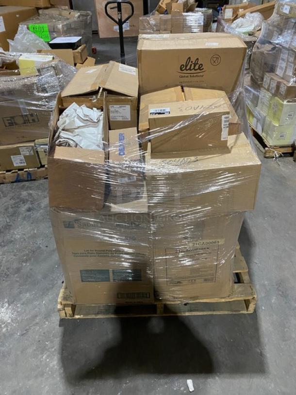 Mixed pallet with Elite Global Solutions melamine pans, Libbey glassware, Tork dispenser, Steelite glasses. Brand new, shrink-wrapped.
