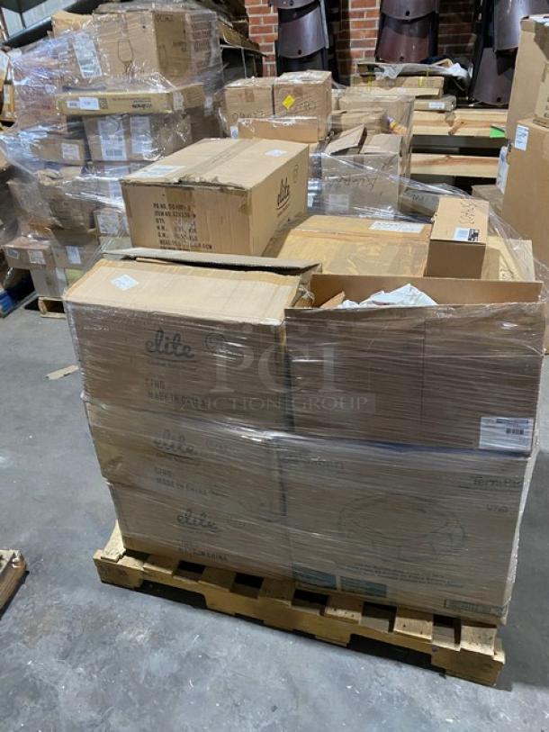 Mixed pallet of brand new Elite Global Solutions food pans, Libbey and Steelite glassware, and Tork hygiene dispensers, all in original boxes, shrink-wrapped on a warehouse pallet.