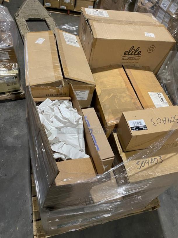 Mixed pallet containing Elite Global Solutions melamine pans, Libbey DuraTuff glassware, Tork hygiene dispensers, plus more items.
