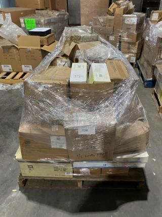 Mixed pallet with brand new serveware items including beverage glasses, china plates, mugs, and more. Sealed in plastic wrap.