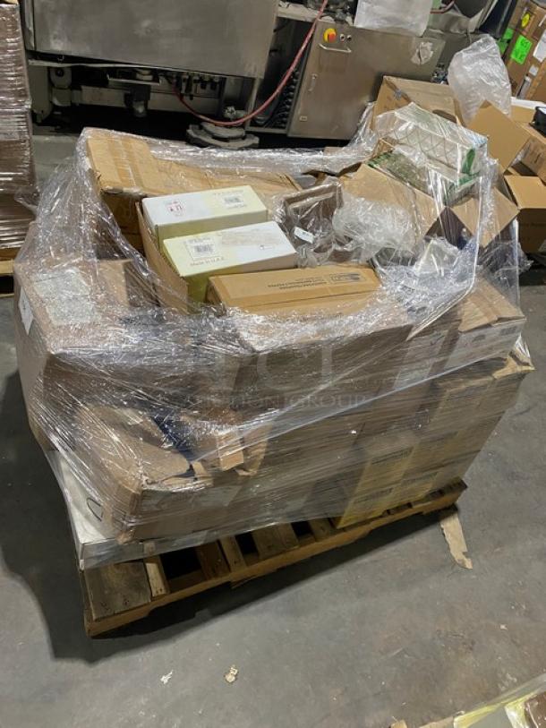 Mixed pallet of brand new commercial serveware. Includes beverage glasses, china plates, mugs, deli bags, bowls, and more, shrink-wrapped.
