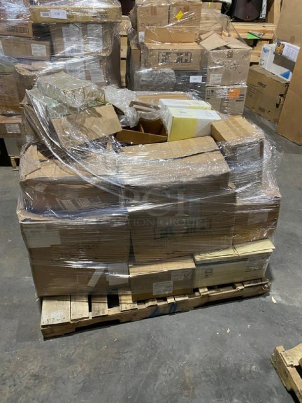 Mixed pallet with commercial serveware items; wrapped in plastic, various brands and models visible on boxes.